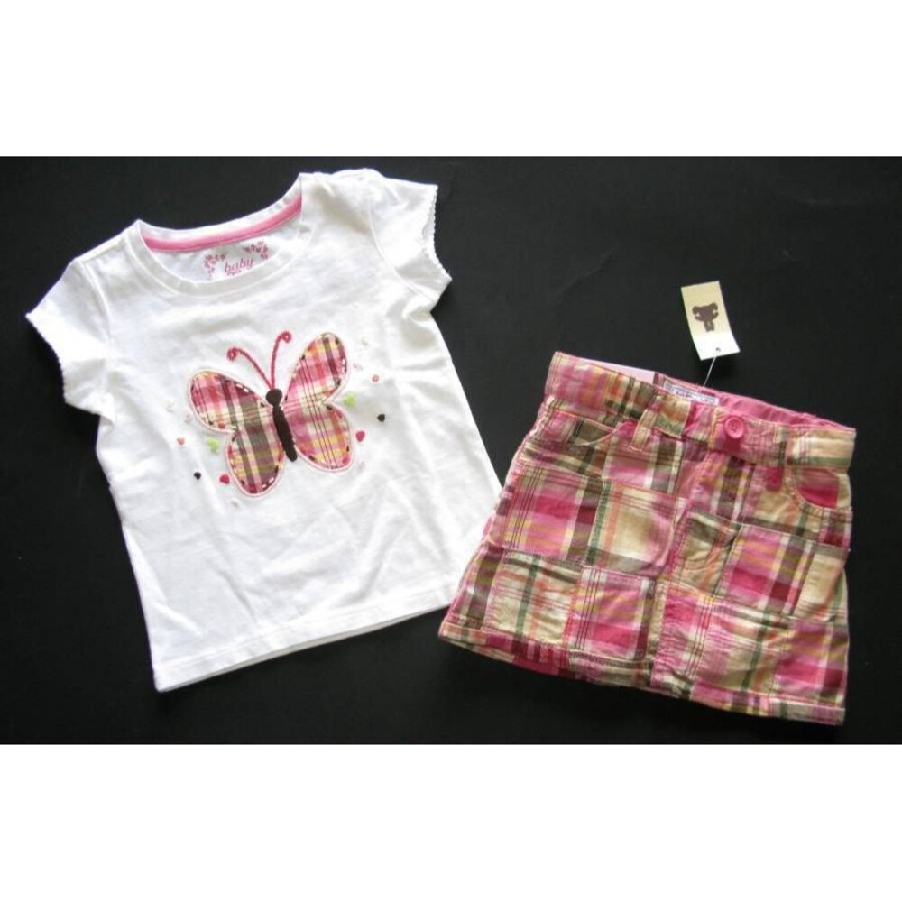 NEW Baby Gap kids girls skirt 12-18-24 pink plaid Tee Shirt butterfly flower top